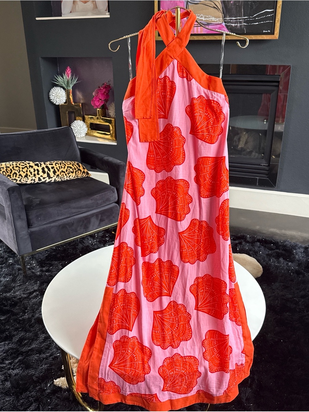 Pink Maxi Dress with Red Shell Print and Halter Tie